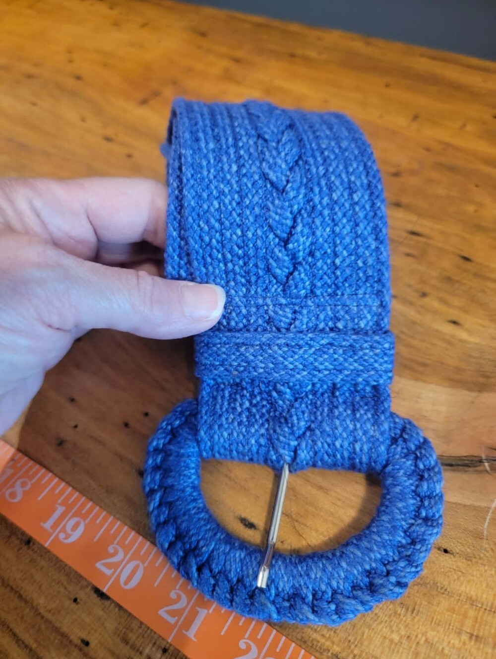 Vintage Royal Blue Cable Knitted/Crocheted Belt with macrame Styled Oval Buckle